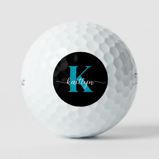 Schwarzes Teal-Monogramm Golfball (Vorderseite)