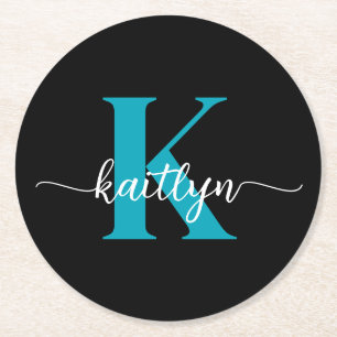 Schwarzes Teal-Monogramm Runder Pappuntersetzer