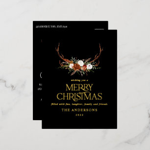 Schwarzes Terrakotta-Botanik-elegantes Hirsch-Blum Folien Feiertagspostkarte