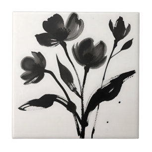 Schwarzes Tinten-Blumenbouquet Fliese