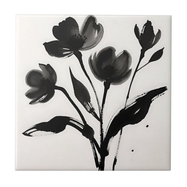 Schwarzes Tinten-Blumenbouquet Fliese (Vorderseite)