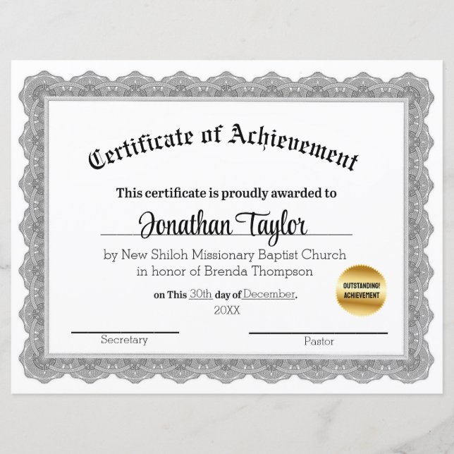 Schwarzes traditionelles Zeugnis über die Erfüllun (Vorderseite)