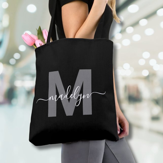 Schwarzes Trendiges Modernes Schriftzug Namensmono (Black Trendy Modern Script Name Monogram Tote Bag)