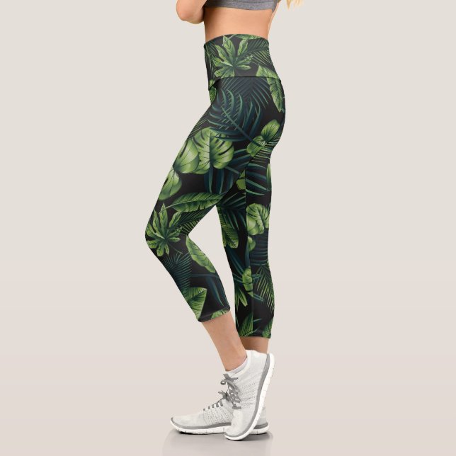 Schwarzes tropisches Muster Capri Leggings (Links)