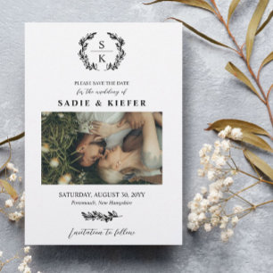 Schwarzes Typografie Laurel Wreath Monogram Foto Save The Date