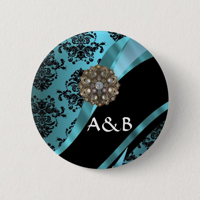 Schwarzes u. Aquamarinedamast Button (Vorderseite)