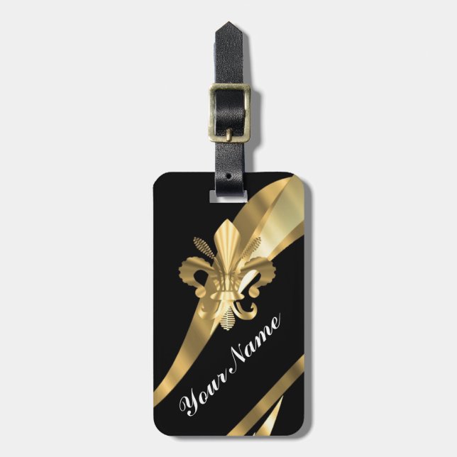 Schwarzes u. gold Fleur de Lys Gepäckanhänger (Vorderseite vertikal)