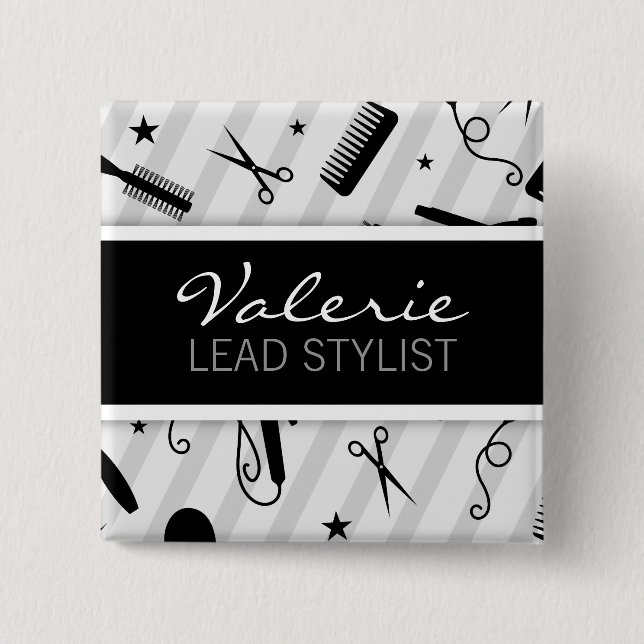 Schwarzes u. graues Haar-Salon-Namen-Abzeichen Button (Vorderseite)
