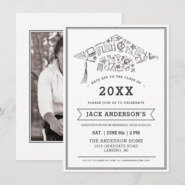 Schwarzes u. weißes Abschluss-Kappen-Party laden Einladung (Vorne/Hinten)