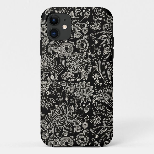 Schwarzes u. weißes Blumendamast-Muster Case-Mate iPhone Hülle (Rückseite)