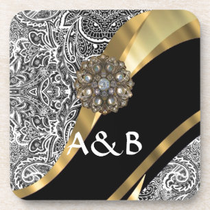 Schwarzes u. weißes Blumendamastmuster Getränkeuntersetzer