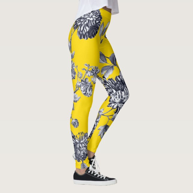 Schwarzes u. weißes gelbes botanisches BlumenToile Leggings (Rechts)