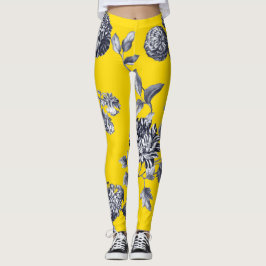 Schwarzes u. weißes gelbes botanisches BlumenToile Leggings
