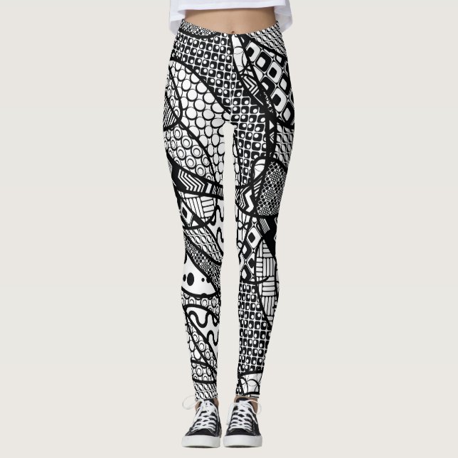 Schwarzes u. weißes gemustertes, verrückt, Funky, Leggings (Vorderseite)
