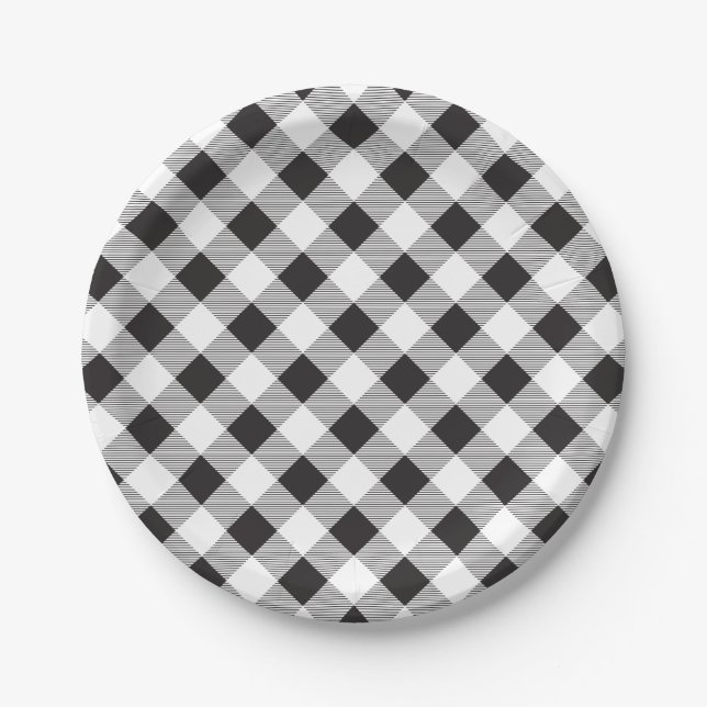 Schwarzes u. weißes Gingham-Muster, Picknick, Pappteller (Vorderseite)