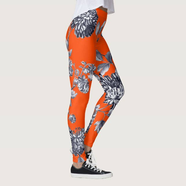 Schwarzes u. weißes orange botanisches BlumenToile Leggings (Rechts)