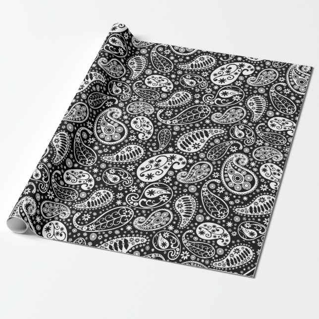 Schwarzes u. weißes Paisley mit Blumen Geschenkpapier (Ungerollt)