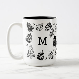 Schwarzes u. weißes Pinecones u. Kiefer-Monogramm Zweifarbige Tasse