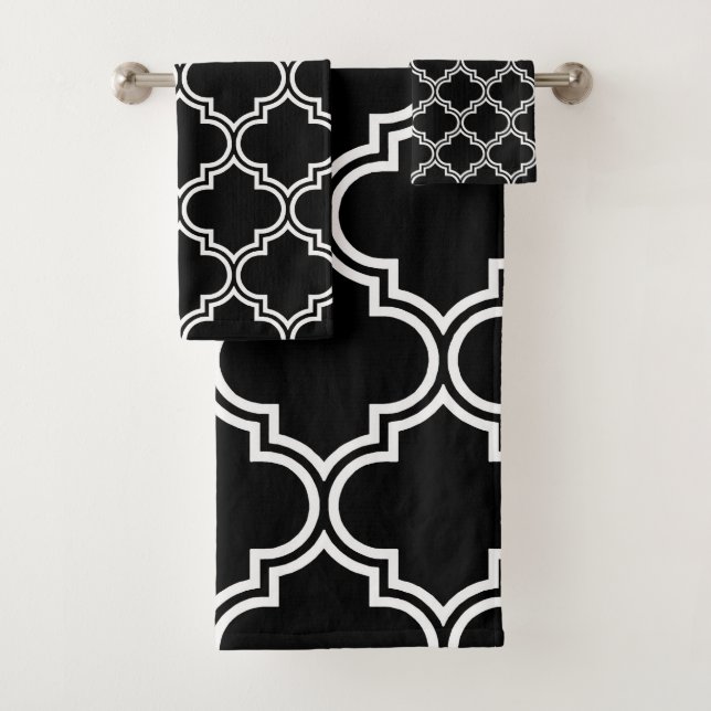 Schwarzes u. weißes Quatrefoil Badhandtuch Set (Insitu)