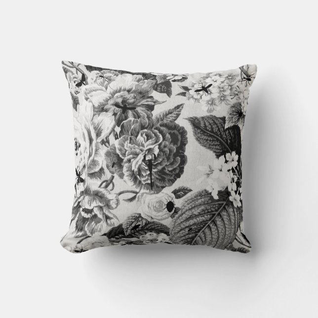 Schwarzes u. weißes Vintages botanisches u. Wanze Kissen (Vorderseite)
