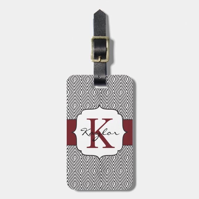 Schwarzes u. weißes Wirbel Marsala Monogramm Gepäckanhänger (Vorderseite vertikal)