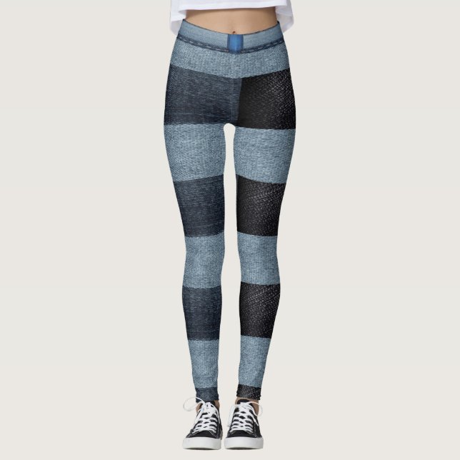 Schwarzes und blaues Gitter Denim Leggings (Vorderseite)