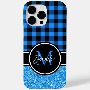 Schwarzes und blaues Glitter-Buffalo-Karo-Monogram Case-Mate iPhone 14 Pro Max Hülle