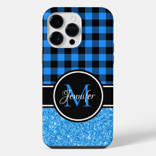Schwarzes und blaues Glitter-Buffalo-Karo-Monogram iPhone 14 Pro Max Hülle