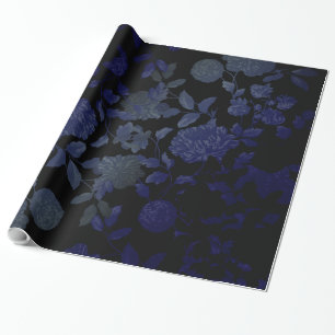 Schwarzes und blaues modernes Vintages BlumenToile Geschenkpapier