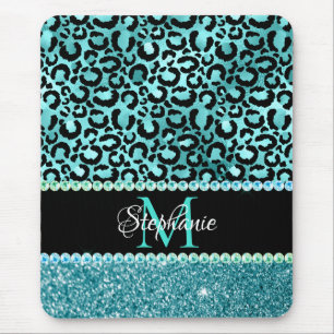 Schwarzes und Blaues Türkis Leopard Mädchen Glamou Mousepad