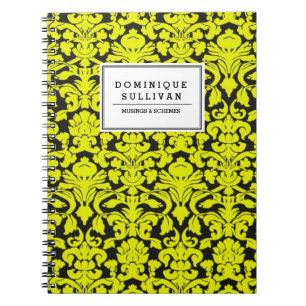 Schwarzes und gelbes florales Damastmuster persona Notizblock