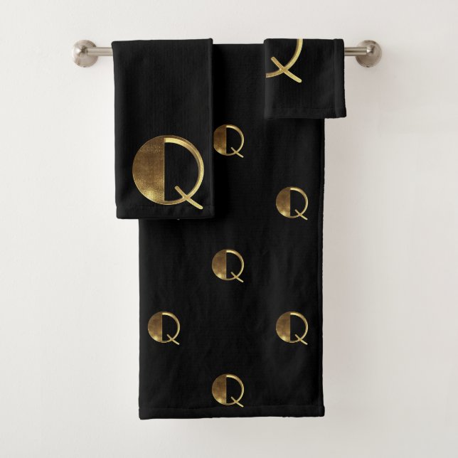 Schwarzes und Gold des Monogramm-Q schauen Badhandtuch Set (Insitu)