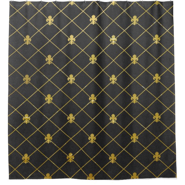 Schwarzes und Gold. Fleur De Lis. Duschvorhang (Vorderseite)