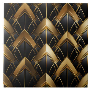 Schwarzes und goldenes Art Deco Chevron-Muster Fliese