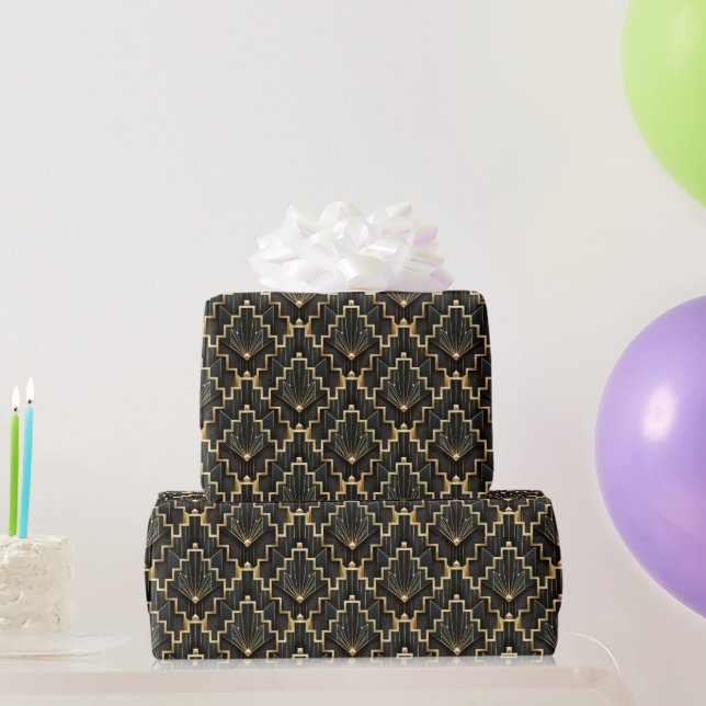 Schwarzes und goldenes Art Deco Design Geschenkpapier (Partygeschenke)
