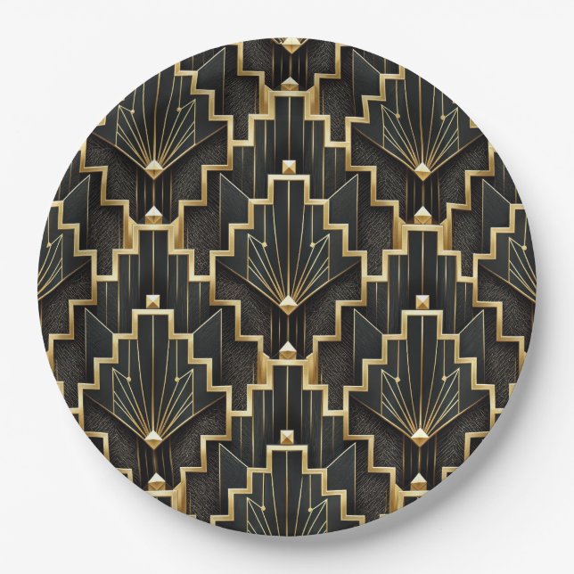 Schwarzes und goldenes Art Deco Design Pappteller (Vorderseite)