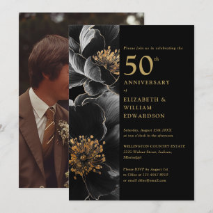 Schwarzes und goldenes chic florales 50. Jubiläums Einladung