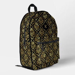 Schwarzes und goldenes Damastmuster Monogramm Bedruckter Rucksack