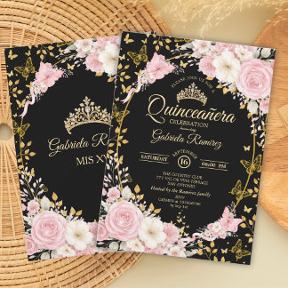 Schwarzes und goldenes Erröten Rosa Quinceañera Sc Einladung