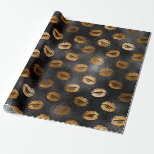 Schwarzes und goldenes Glam-Lippen-Muster Geschenkpapier