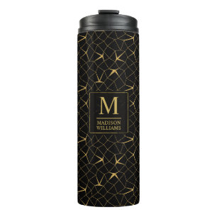 Schwarzes und goldenes Glitter-Luxus-Geometrie-Mus Thermosbecher