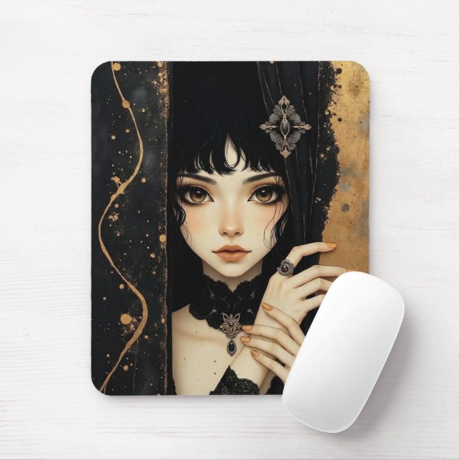 Schwarzes und goldenes gothisches Anime-Mädchen  Mousepad (Mit Mouse)