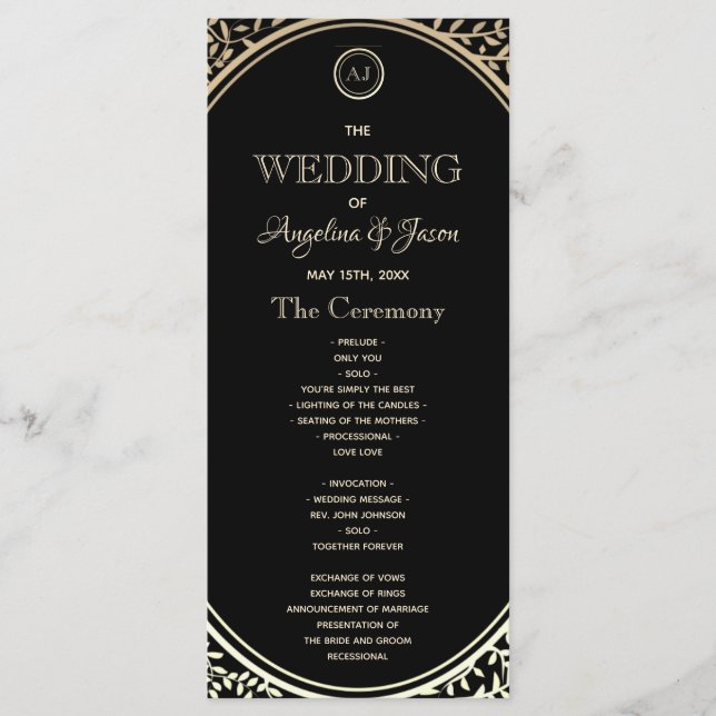 Schwarzes und goldenes Hochzeitsprogramm Programm (Vorderseite)