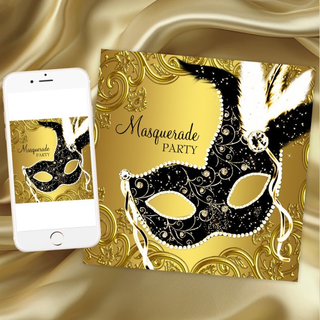 Schwarzes und goldenes Masquerade Party Einladung (Any occasion masquerade party invitation. Instant download and printed invitations available.)