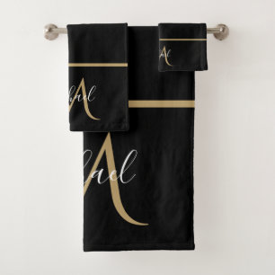 Schwarzes und goldenes Monogramm Elegante Luxus Badhandtuch Set