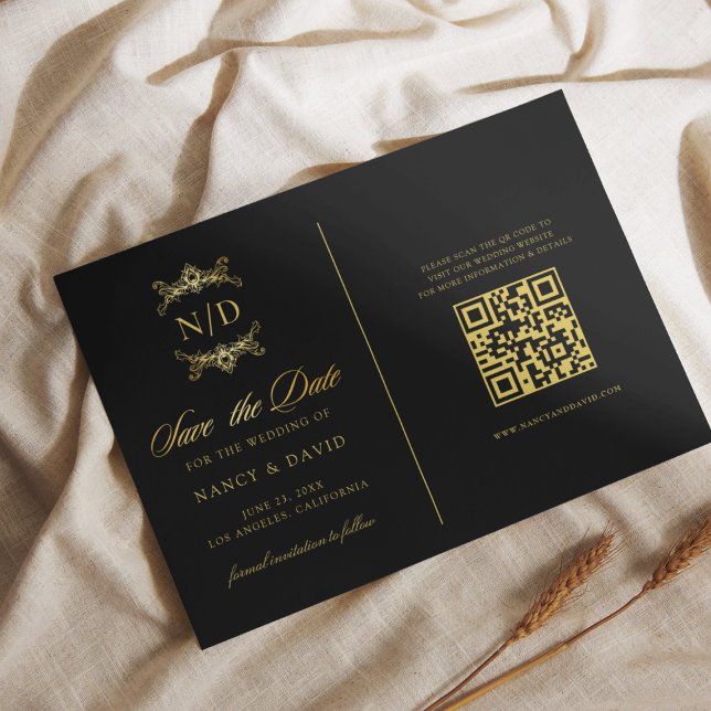 Schwarzes und goldenes Monogramm QR-Code-Hochzeit Save The Date (Von Creator hochgeladen)