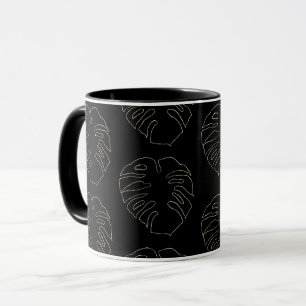 Schwarzes und goldenes Monstera-Blattmuster-Kaffee Tasse