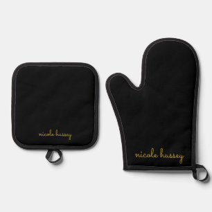 Schwarzes und goldenes Skript Stylisches modern Ofenhandschuh & Topflappen-Set