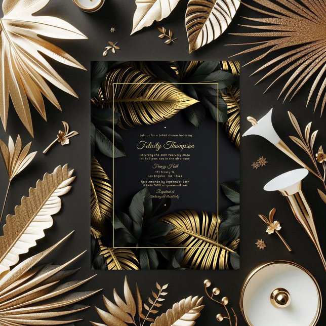 Schwarzes und goldenes tropisches Brautparty Einladung (Black and Gold Tropical Bridal Shower Invitation)