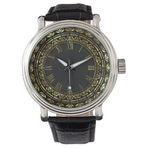Schwarzes und goldenes vintage Blumendesign Armbanduhr